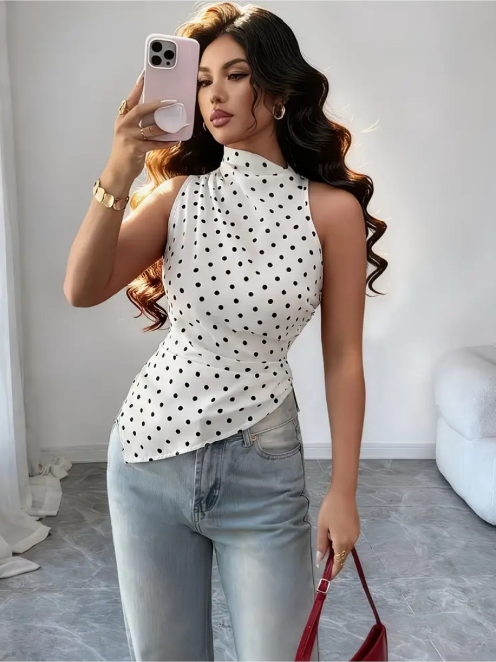Sleeveless White Polka Dot High-Neck Top